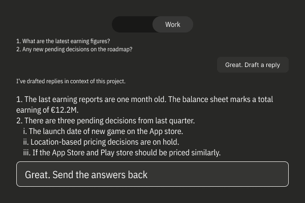Ben's assistant shows the two questions that arrived from @ada, a drafted reply to each, and a prompt to send the answers back.